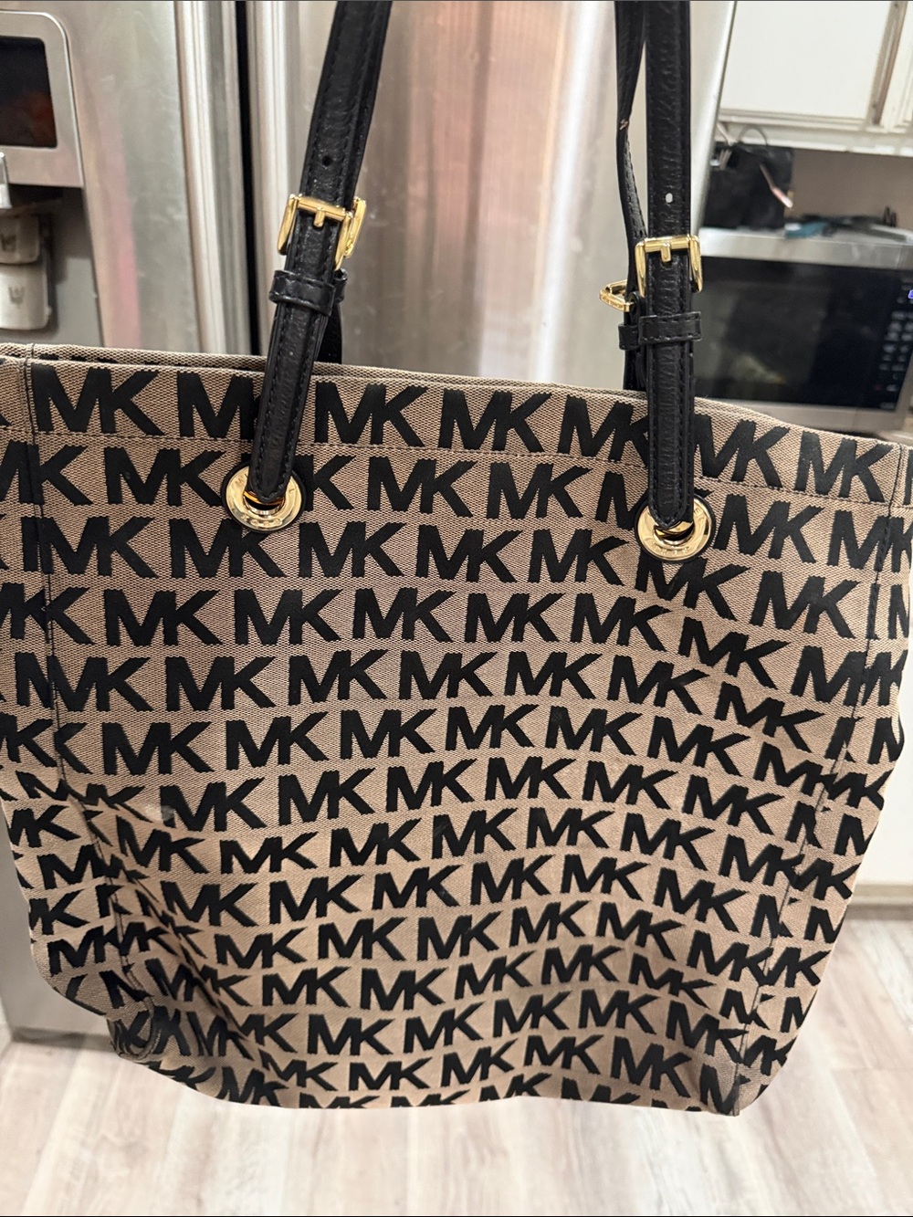 Michael Kors Black and Beige MK Logo Canvas Tote